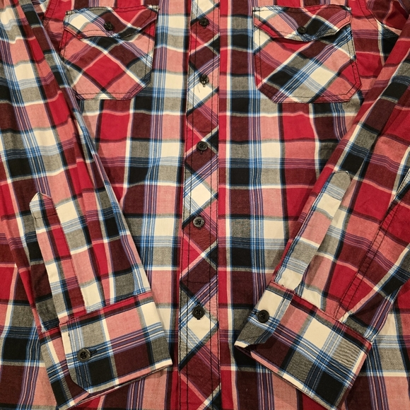 Carbon Western Red Blue Plaid Long Sleeve Button Down Shirt Men's Size M Medium - Picture 6 of 11